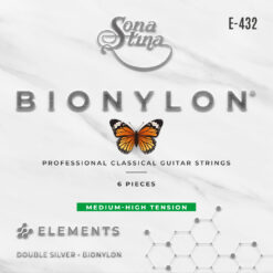 Encordadura para Guitarra Clásica Profesional, Bionylon, Entorchado Doble Plata, Tensión Media Alta Mod. E-432